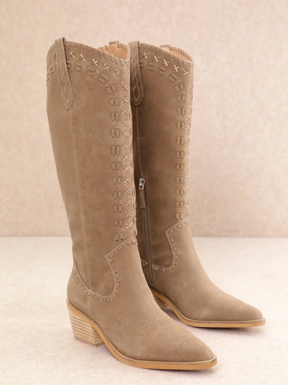 Mi.iM Taupe Suede Knee-High Western Boots
